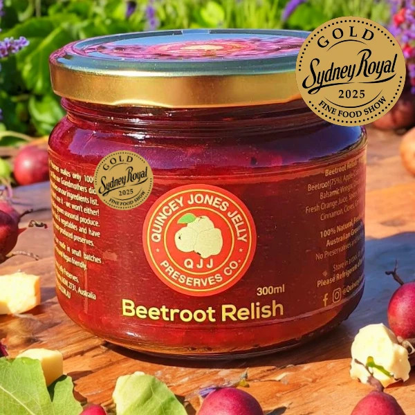 Beetroot Relish 300ml jar by Quincey Jones Jelly Preserves – vibrant purple relish, gluten-free and all-natural. Gold Medal Winner.