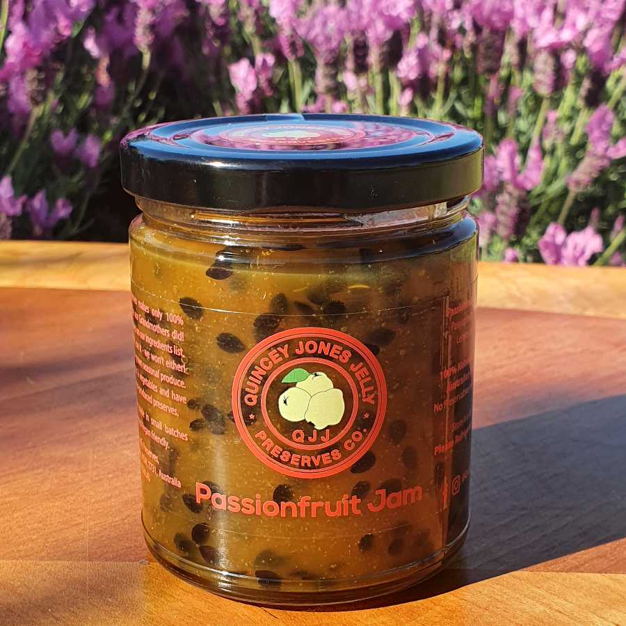 Passionfruit Jam – 270ml jar with bright yellow preserve and visible seeds Passionfruit Jam – 270ml jar with bright yellow preserve and visible seeds
