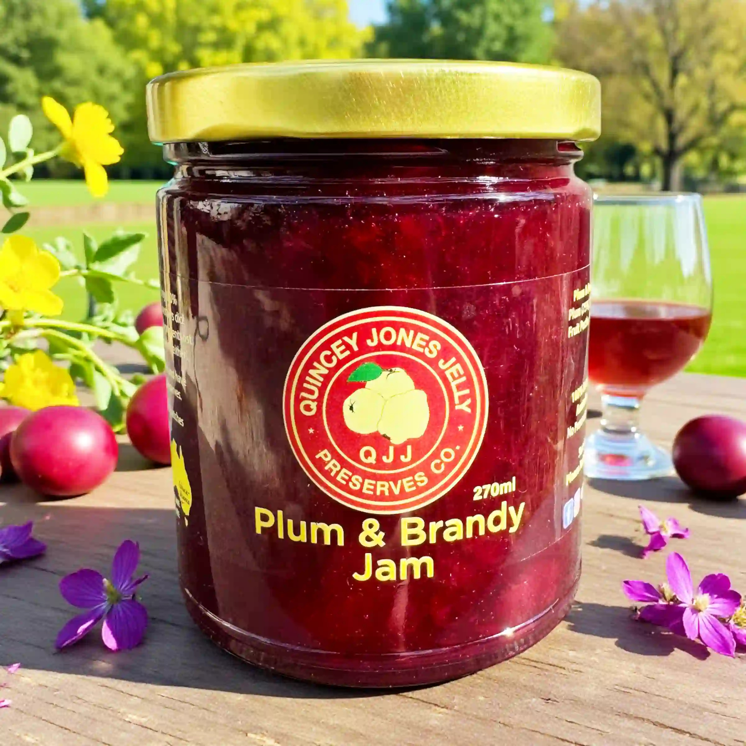 Plum & Brandy Jam 270ml jar with dark fruit label and elegant branding