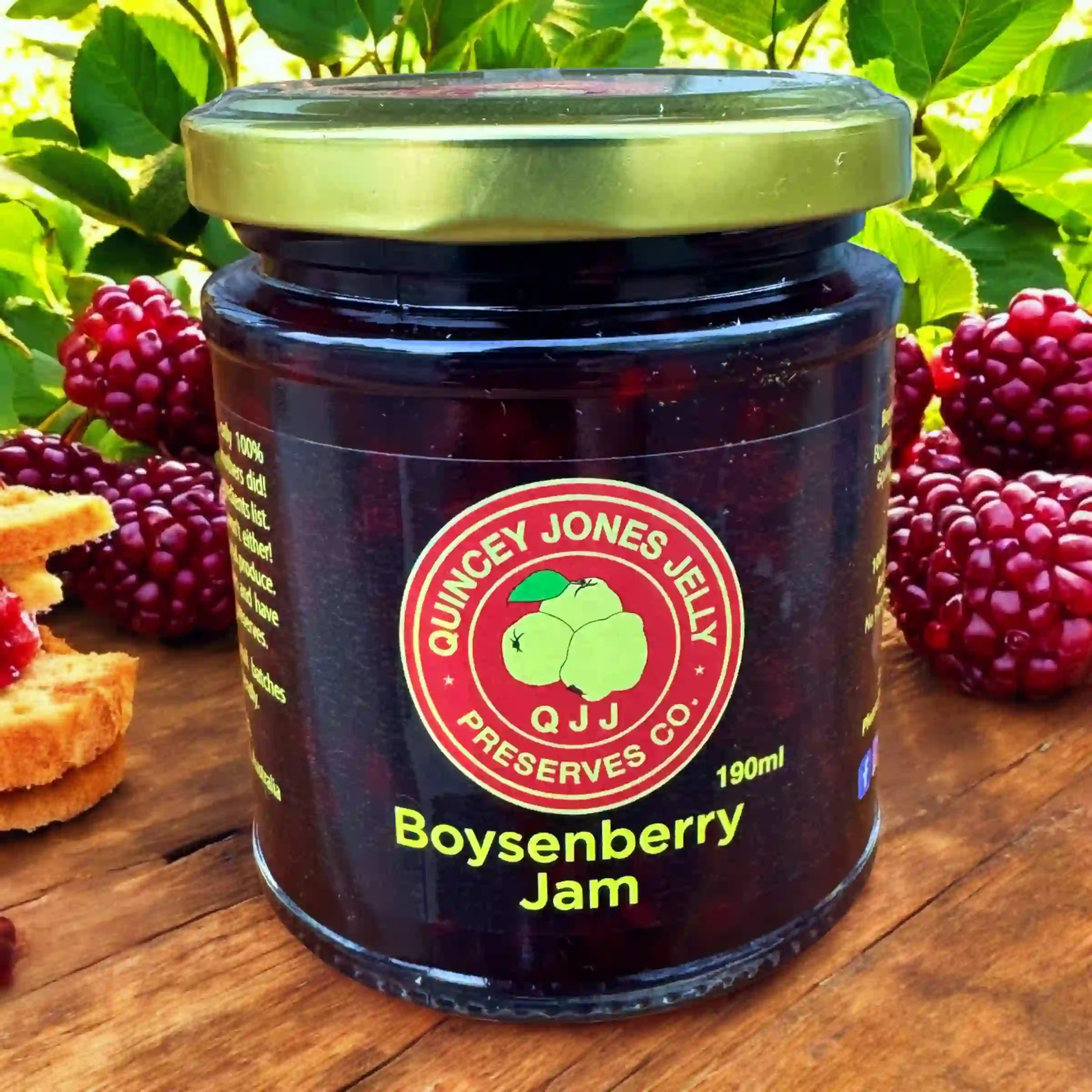 Boysenberry Jam 190ml jar with rich dark label and Quincey Jones branding Boysenberry Jam 190ml jar with rich dark label and Quincey Jones branding