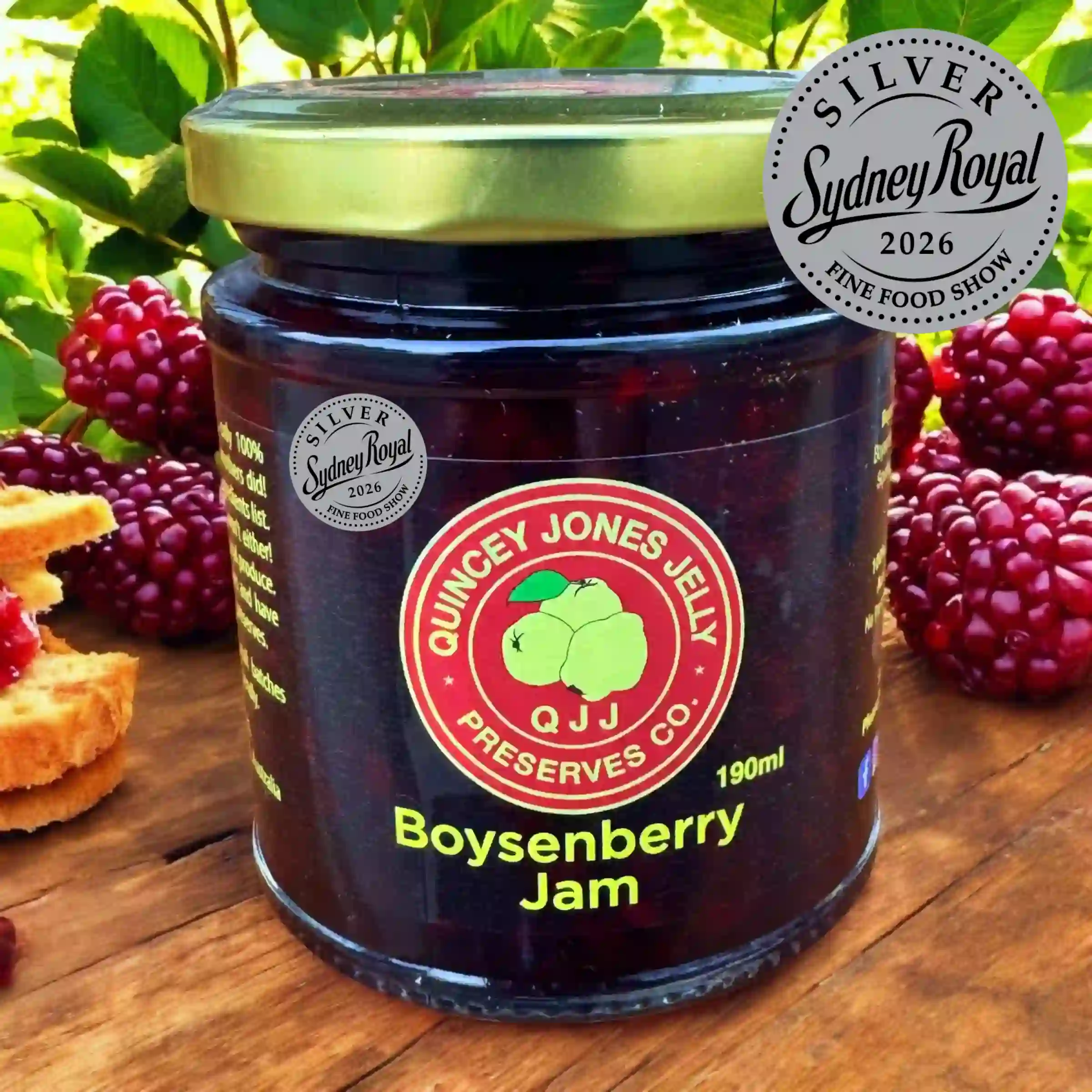 Boysenberry Jam 190ml jar with rich dark label and Quincey Jones branding. Silver Medal Sydney Royal 2026