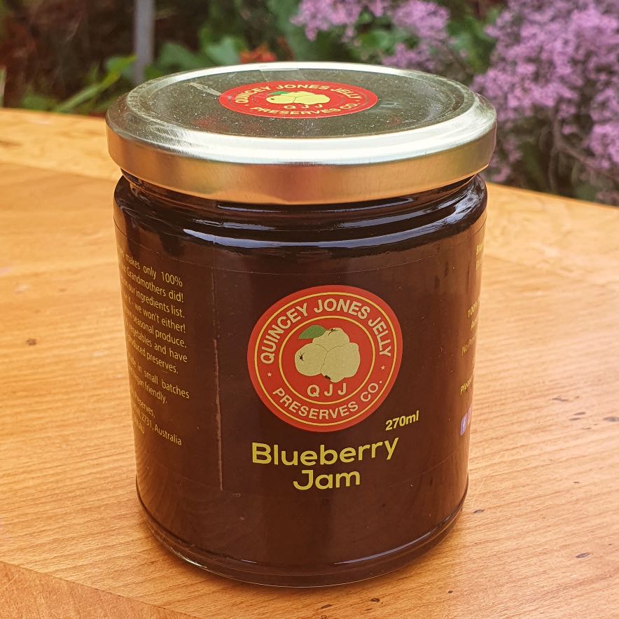 Front of 270ml Blueberry Jam jar by Quincey Jones Jelly Preserves – low sugar, gluten-free, all-natural Australian jam.