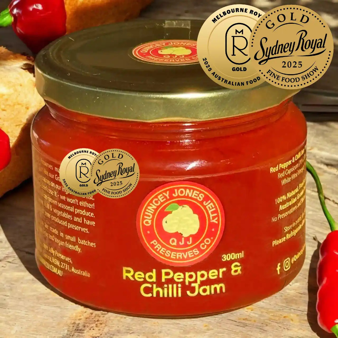 Red Pepper & Chilli Jam with mellow heat, smoky capsicum and sweet bite. Handcrafted in Echuca–Moama. Vegan, gluten-free. Perfect for glazes & toasties. Gold Medal Red Pepper & Chilli Jam with mellow heat, smoky capsicum and sweet bite. Handcrafted in Echuca–Moama. Vegan, gluten-free. Perfect for glazes & toasties. Gold Medal