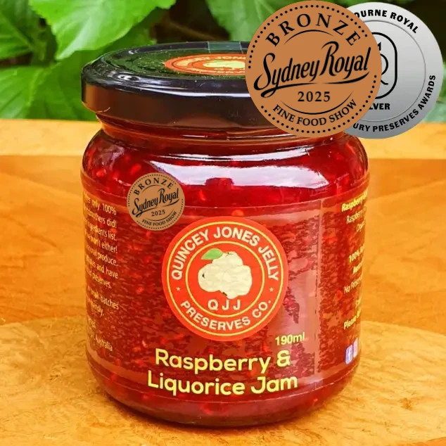 Front of Raspberry & Liquorice Jam 190ml jar – low sugar, all-natural preserve with raspberries and real liquorice root.
