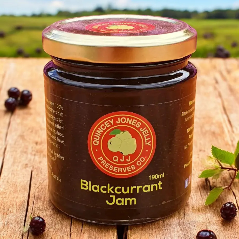 Front of Blackcurrant Jam 190ml jar – bold, tart, low-sugar Australian preserve.