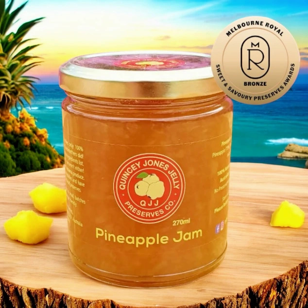 Front of Pineapple Jam 270ml jar – tropical jam made from Australian pineapples, low sugar.
