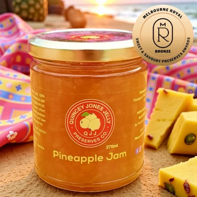 Front of Pineapple Jam 270ml jar – tropical jam made from Australian pineapples, low sugar.
