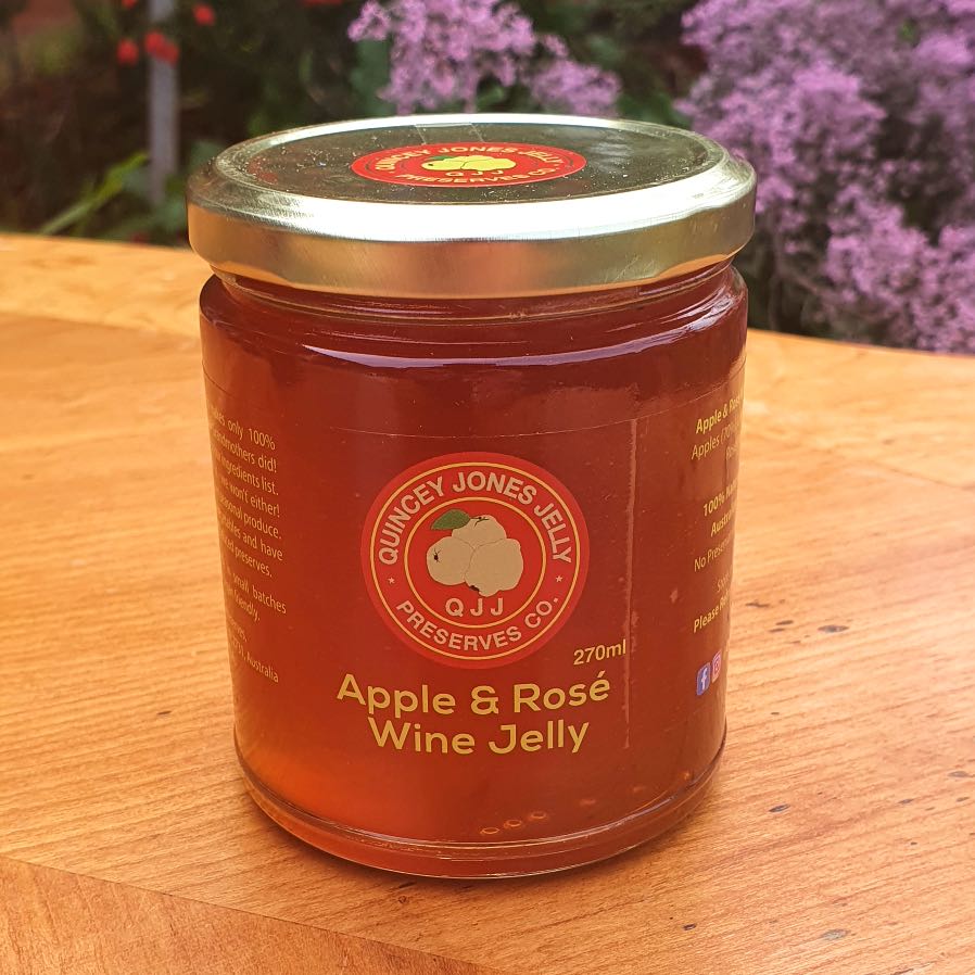 Apple & Rose Jelly (270ml) – front label of Quincey Jones Jelly Preserves, floral and elegant Apple & Rose Jelly (270ml) – front label of Quincey Jones Jelly Preserves, floral and elegant
