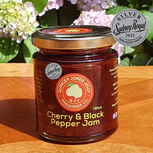 Cherry & Black Pepper Jam – 190ml jar front view from Quincey Jones Jelly Preserves Co.