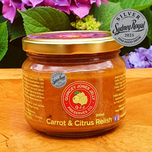 Carrot & Citrus Chutney 300ml jar by Quincey Jones Jelly Preserves – front label Carrot & Citrus Chutney 300ml jar by Quincey Jones Jelly Preserves – front label