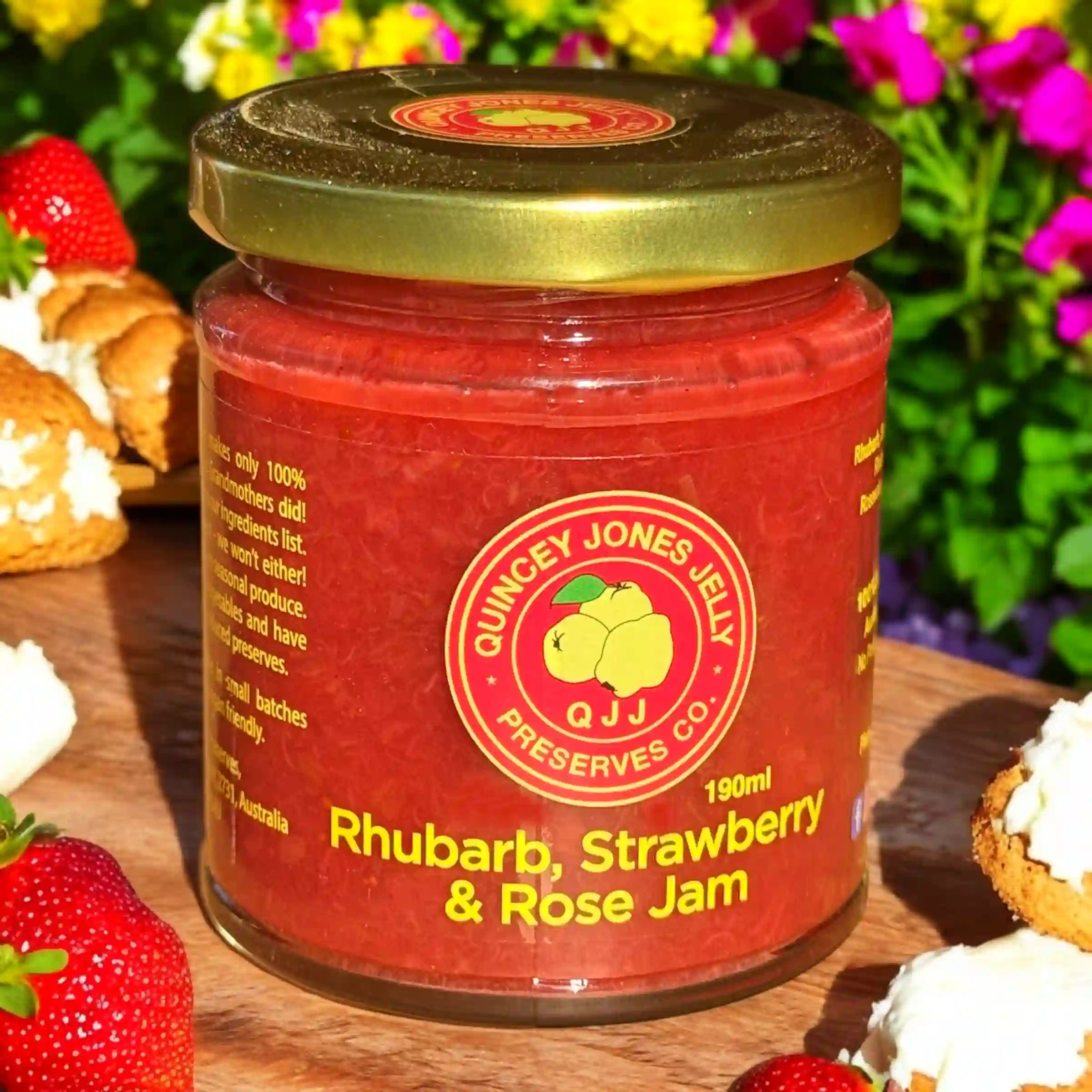 Rhubarb, Strawberry & Rose Jam – 270ml front label by Quincey Jones Jelly Preserves Co. Rhubarb, Strawberry & Rose Jam – 270ml front label by Quincey Jones Jelly Preserves Co.