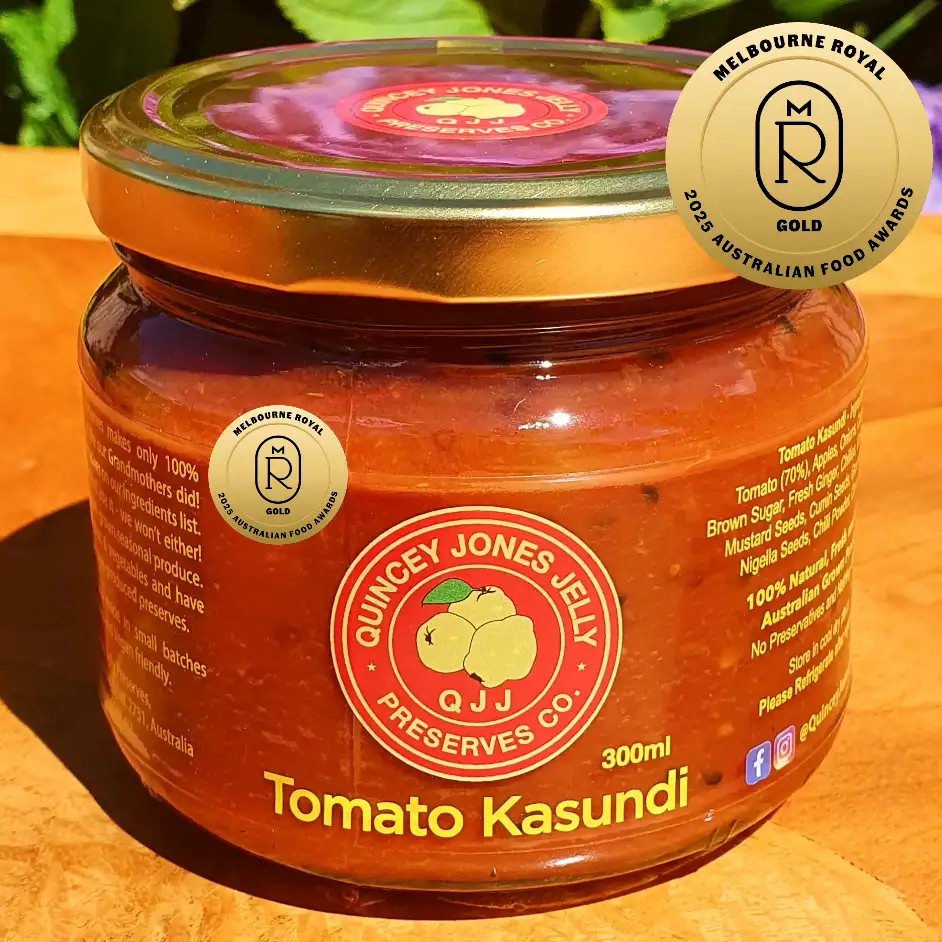 Tomato Kasundi – 300ml artisan jar with bold red preserve. Gold Medal Winner, 2025 Melbourne Royal 'Australian Food Awards'