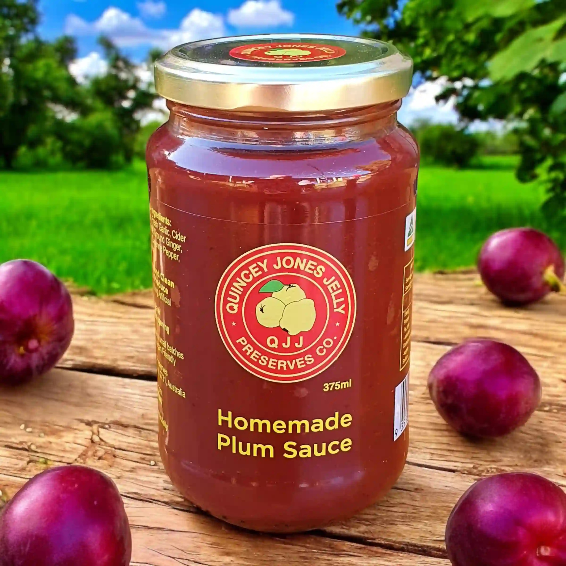 Homemade Plum Sauce – 250ml jar with vintage-style label, small-batch crafted by Quincey Jones Jelly Preserves.