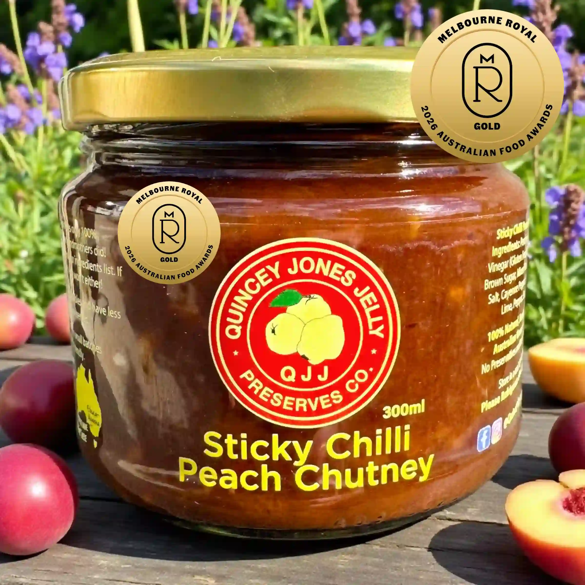 Sticki Chilli Peach Chutney – 300ml jar from QJJ with golden hue and Gold Medal
