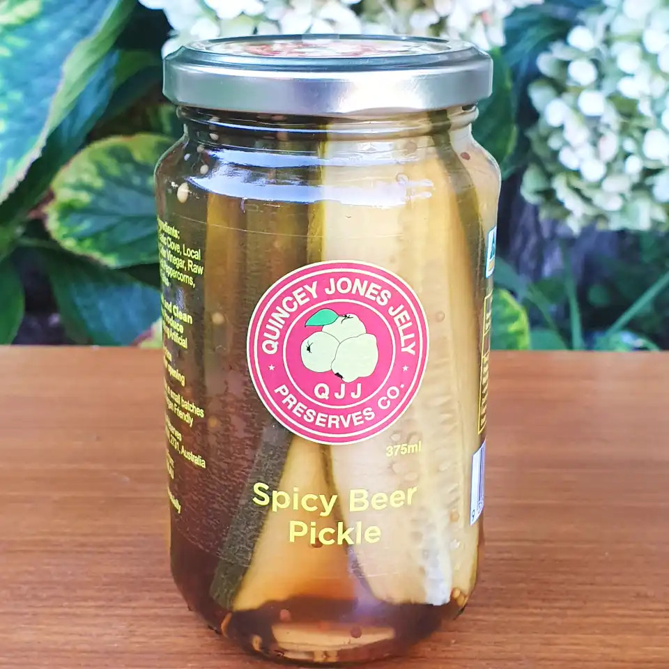 Spicy Beer Pickles – 375ml jar with bold artisan label and thick-cut pickles
