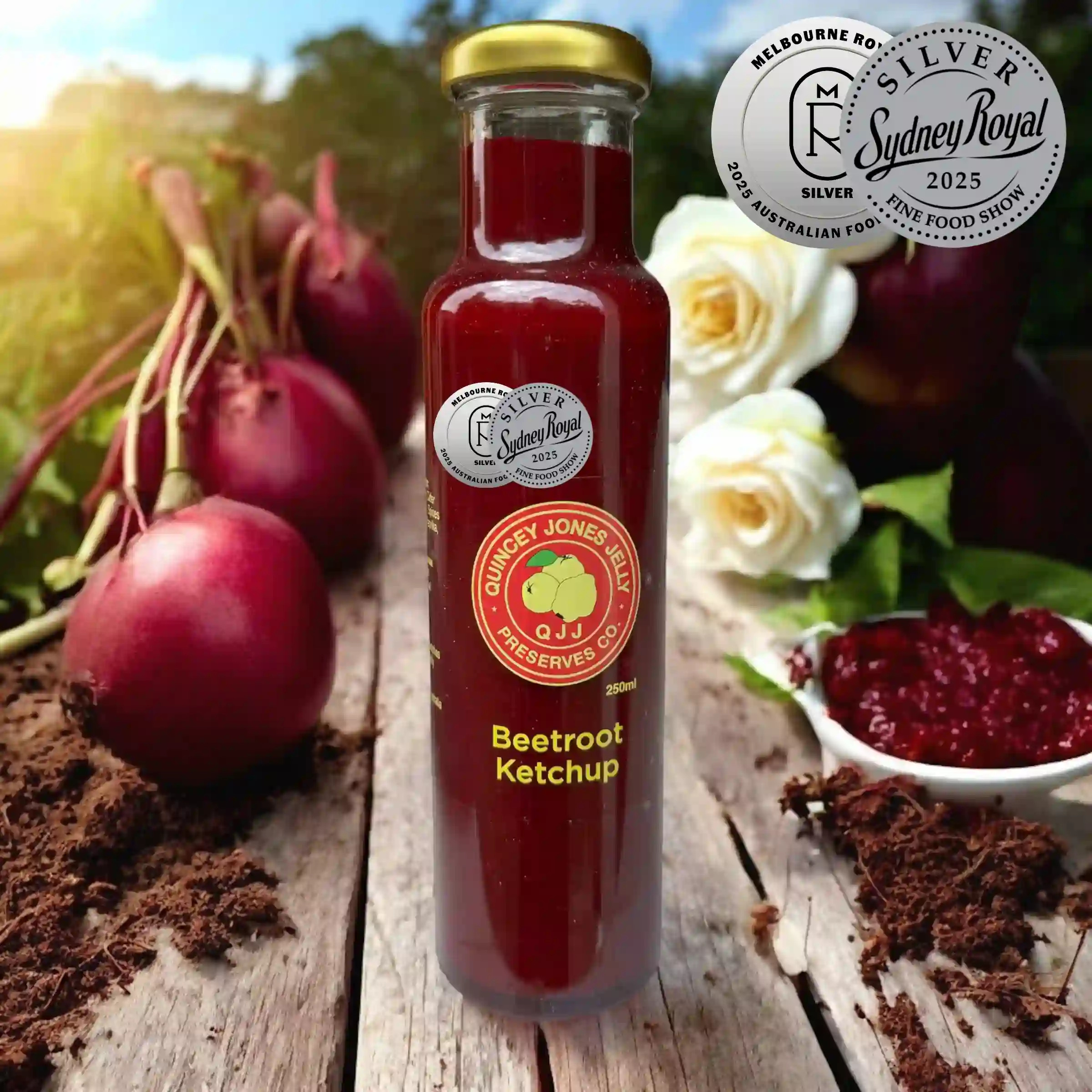 Beetroot Ketchup – 250ml vibrant artisan sauce jar, Silver Medals at Sydney Royal Fine Food Show, and Melbourne Royal 'Australian Food Awards'