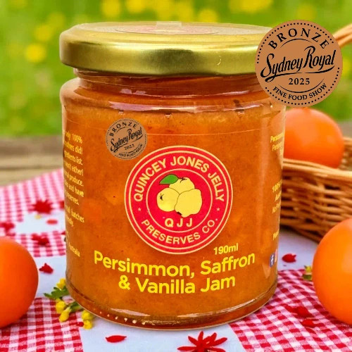 Persimmon, Saffron & Vanilla Jam front label – 190ml gourmet jam