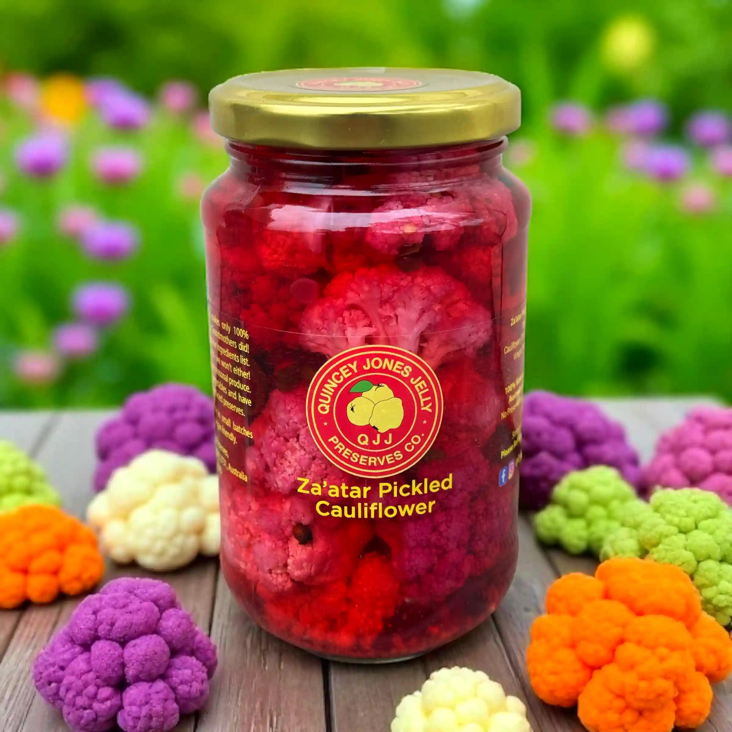 Za’atar Pickled Cauliflower 375ml jar with colourful cauliflower florets and QJJ front label Za’atar Pickled Cauliflower 375ml jar with colourful cauliflower florets and QJJ front label
