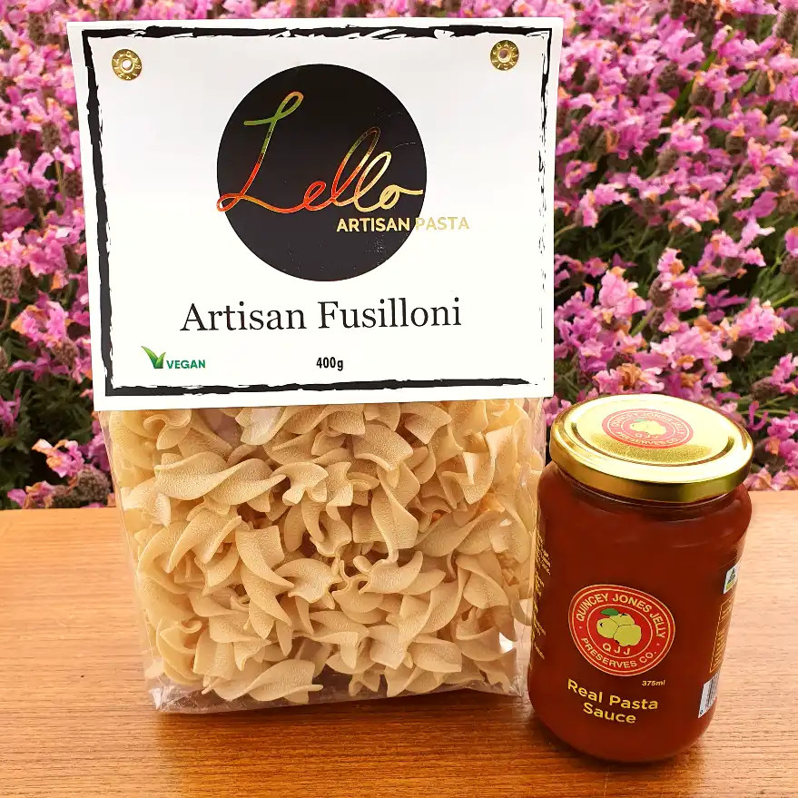Artisan Fusilloni Pasta Sauce – 375ml front label with handmade small-batch design