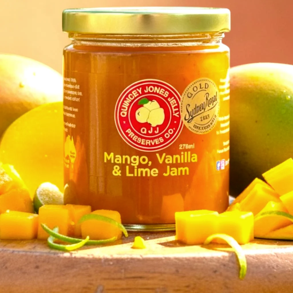 Mango, Lime & Vanilla Jam 270ml jar by Quincey Jones Jelly Preserves Co – handcrafted small-batch tropical jam made in Australia using 100% real fruit.