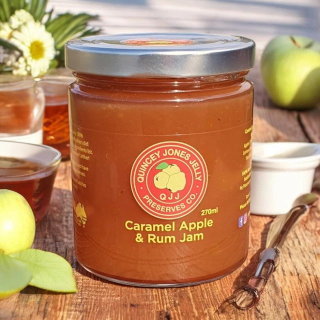 Caramel Apple & Rum Jam – 270ml front label with golden preserve inside
