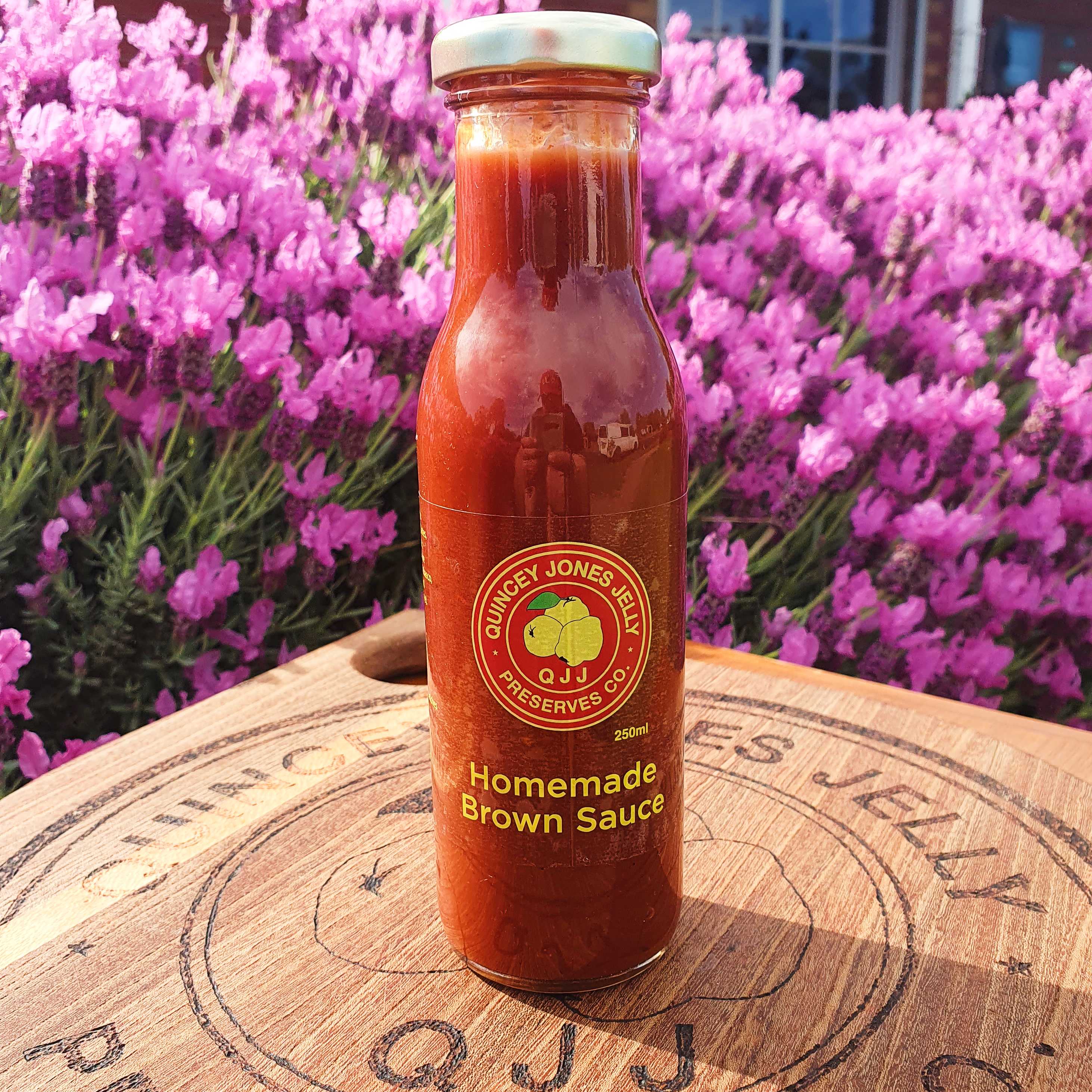 Homemade Brown Sauce 250ml – Quincey Jones Jelly Preserves front label Homemade Brown Sauce 250ml – Quincey Jones Jelly Preserves front label