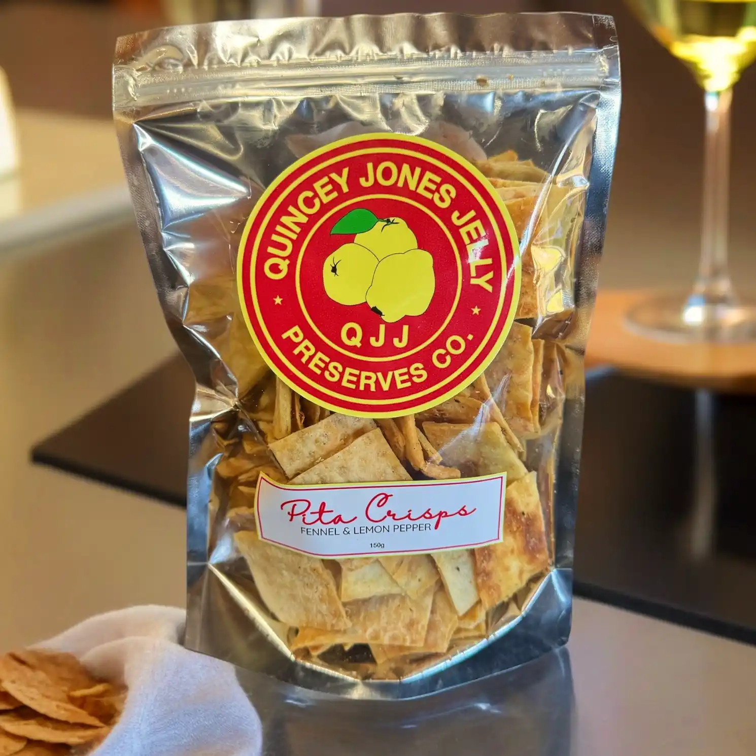 QJJ Fennel Lemon & Pepper Pita Crisps 150g – artisan snack packaging