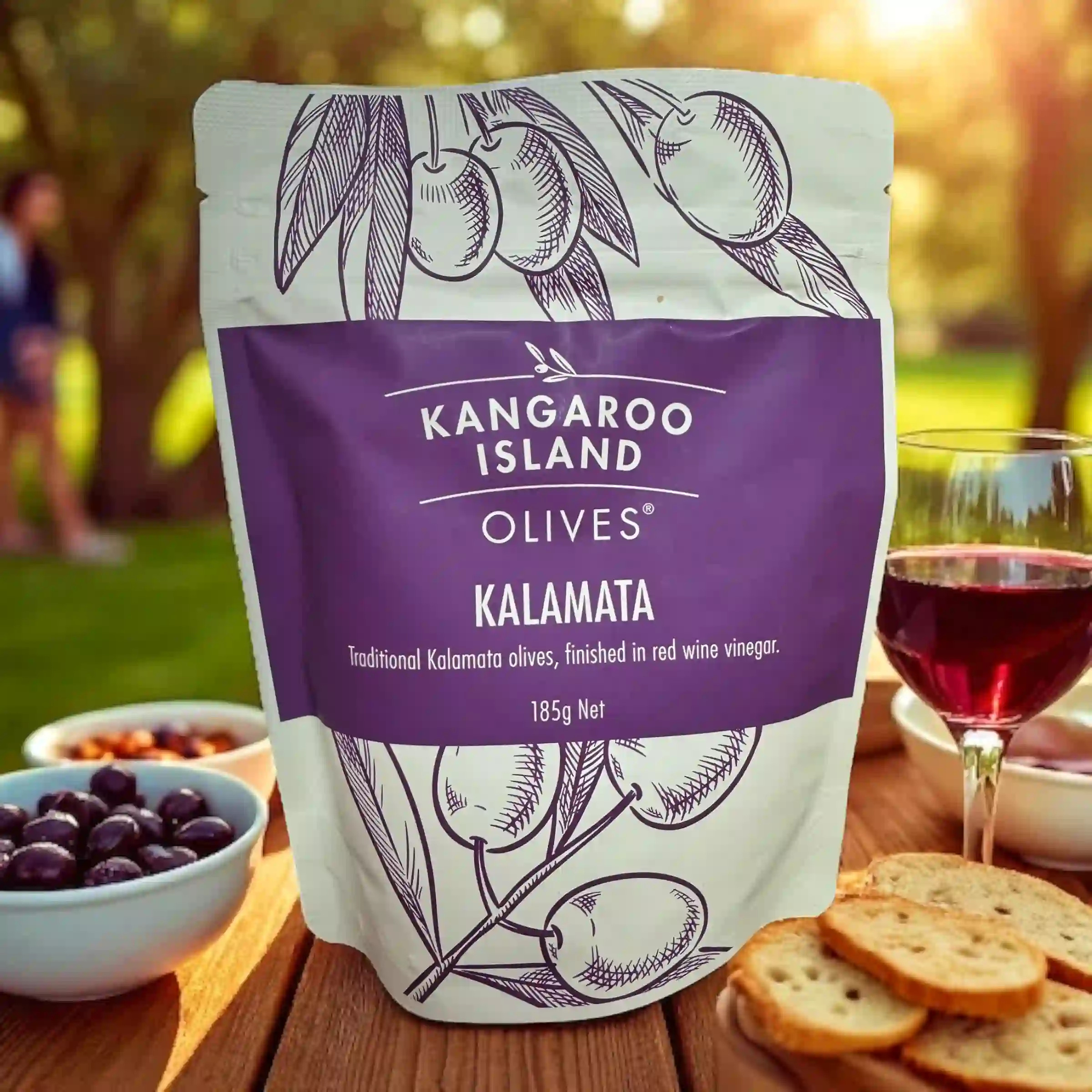 Kangaroo Island Kalamata Olives 185g pouch – traditional Australian olives finished in red wine vinegar, perfect for cheese boards and grazing platters.