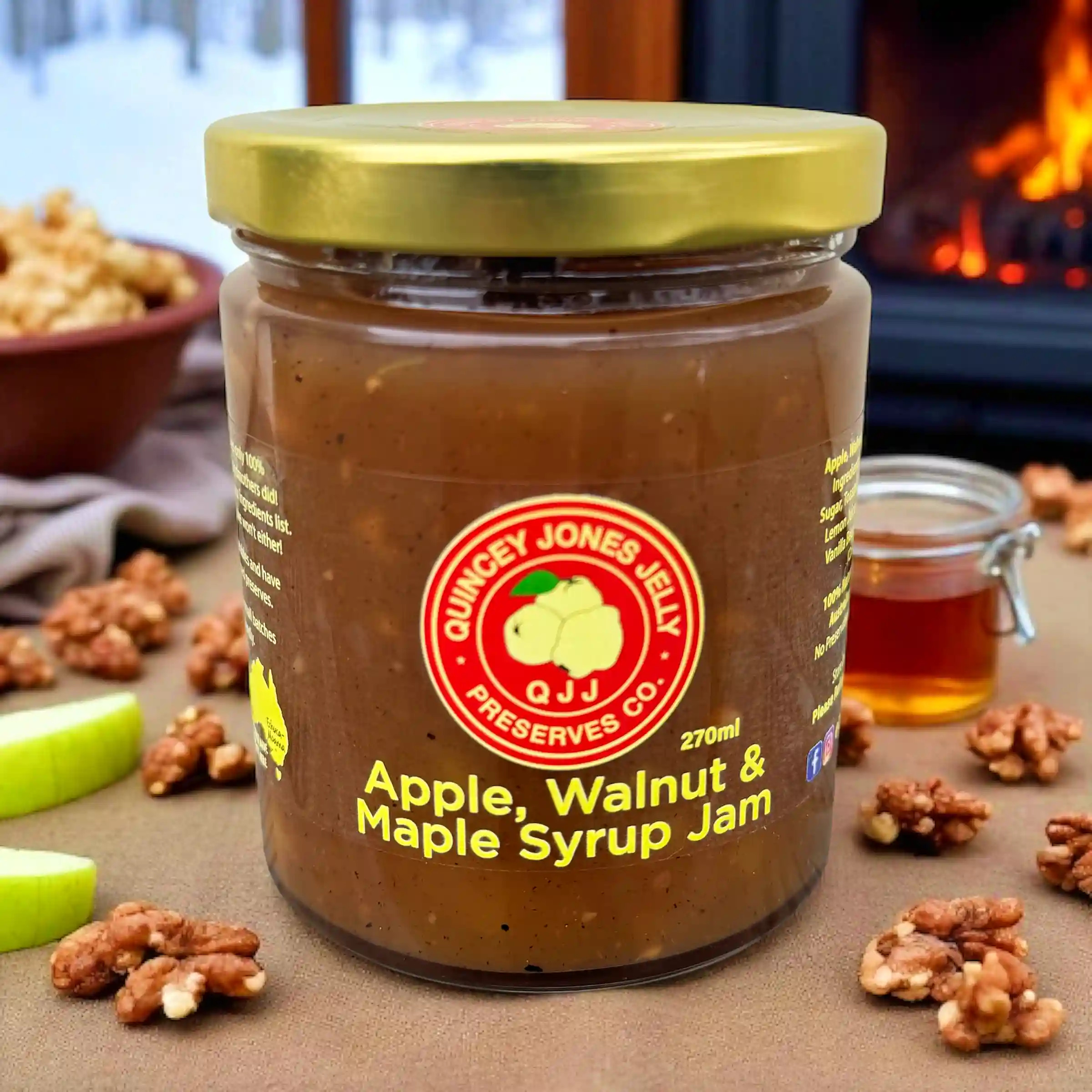 Apple, Walnut & Maple Syrup Jam 270ml – front label with QJJ branding