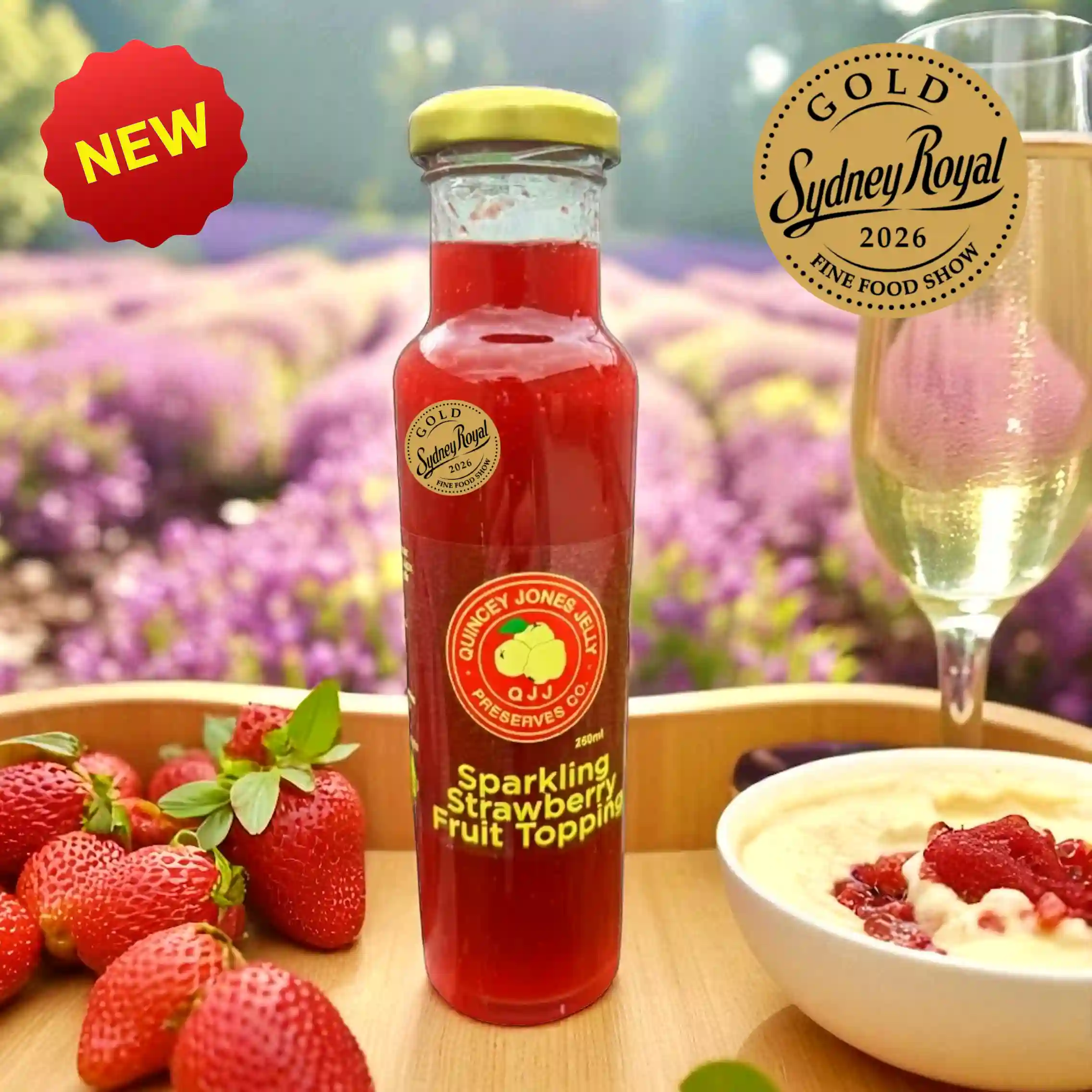 Front view of Sparkling Strawberry Fruit Topping bottle with strawberries and champagne. Gold Medal Sydney Royal Fine Food Show 2026