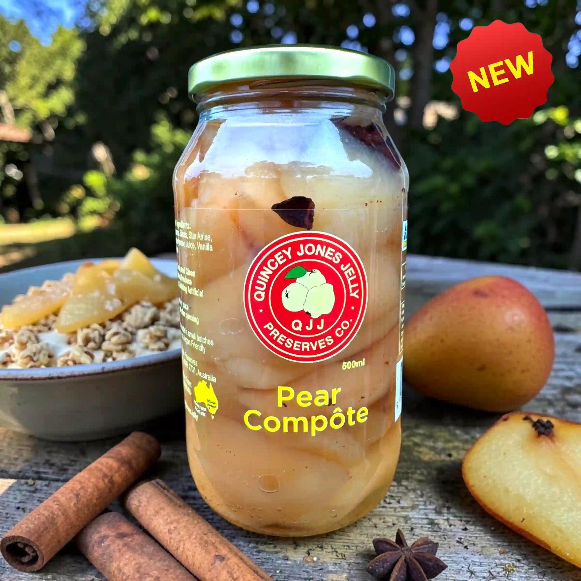 Quincey Jones Pear Compôte 500ml - Australian pears gently poached with cinnamon, star anise, cardamom, vanilla and ginger for desserts, breakfasts and cheese boards