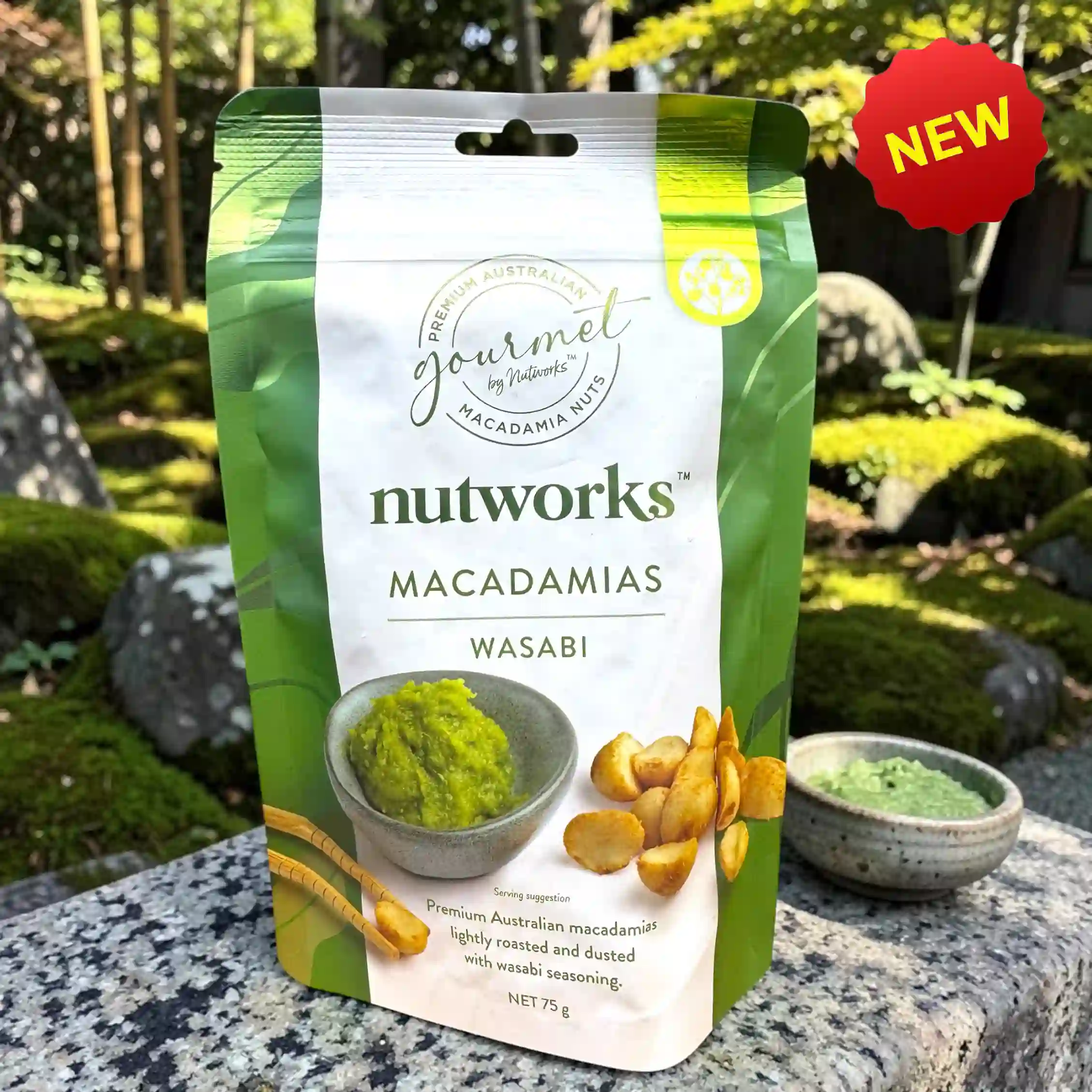 Nutworks Wasabi Macadamias 75g - premium Australian macadamias lightly roasted and coated with bold wasabi seasoning