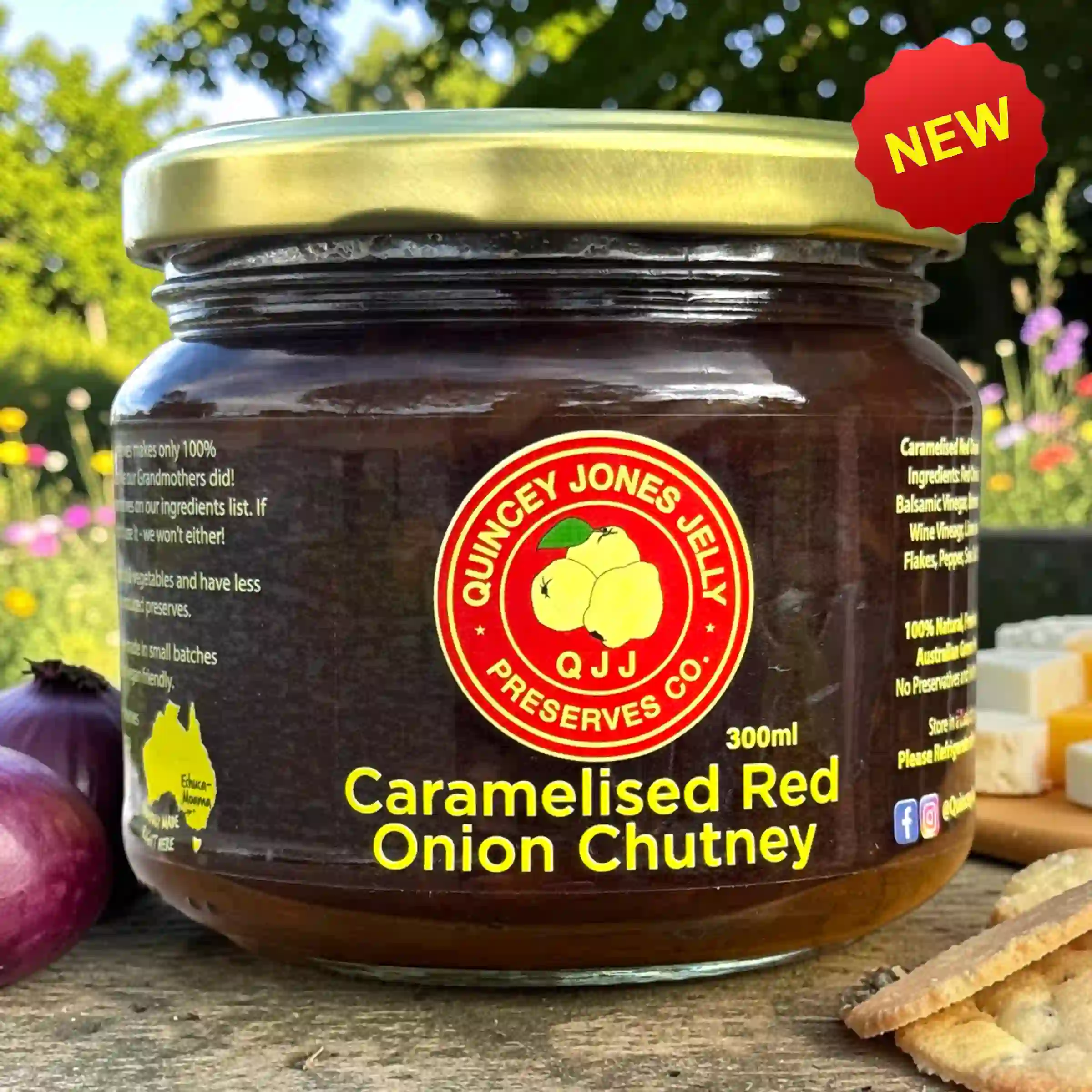 Caramelised Red Onion Chutney 300ml jar by Quincey Jones Jelly Preserves – front label