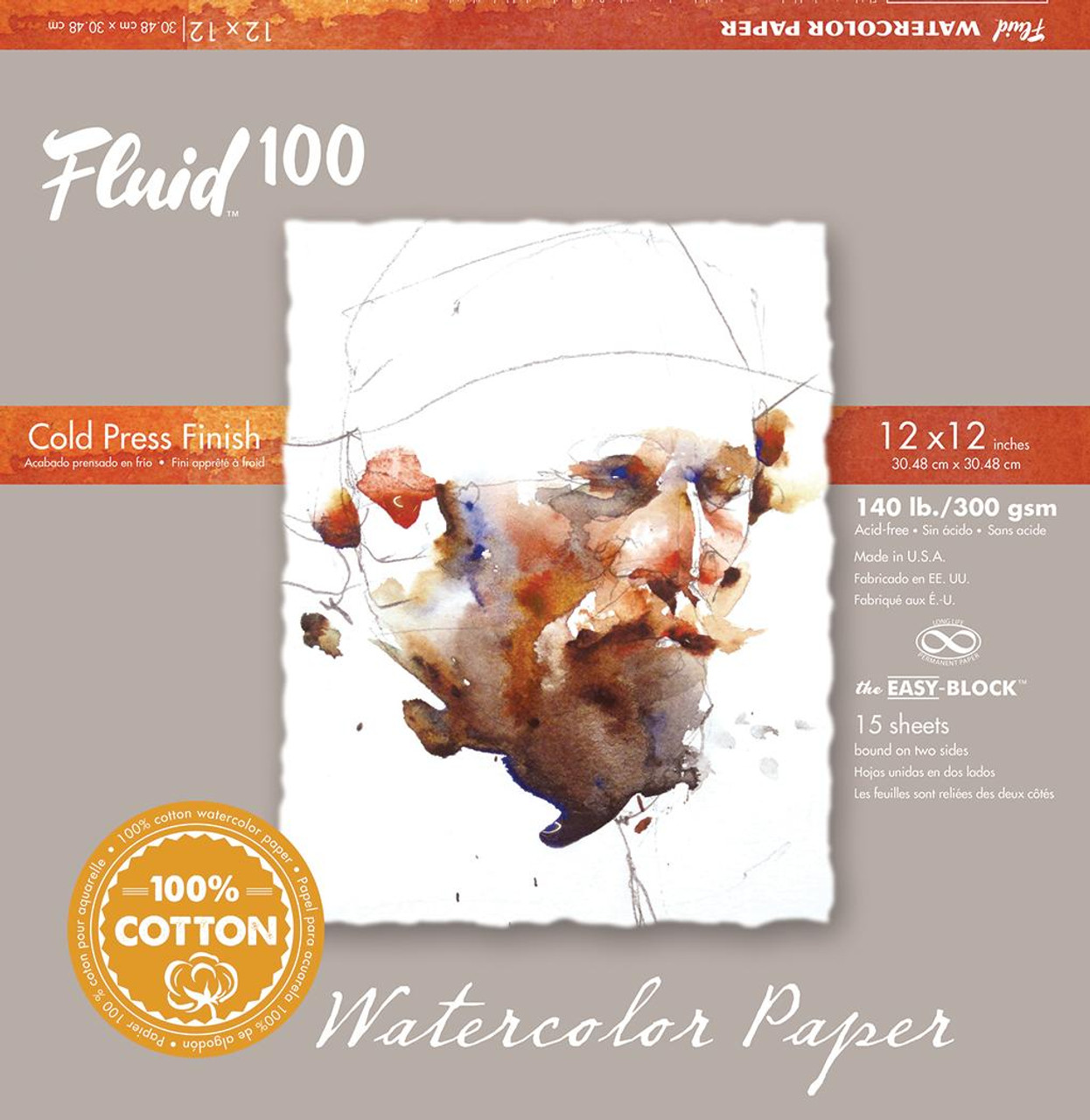 Fluid 100 Watercolor Paper Block, Cold Press,140lb, 6 x 6, 15 Sheets/Block