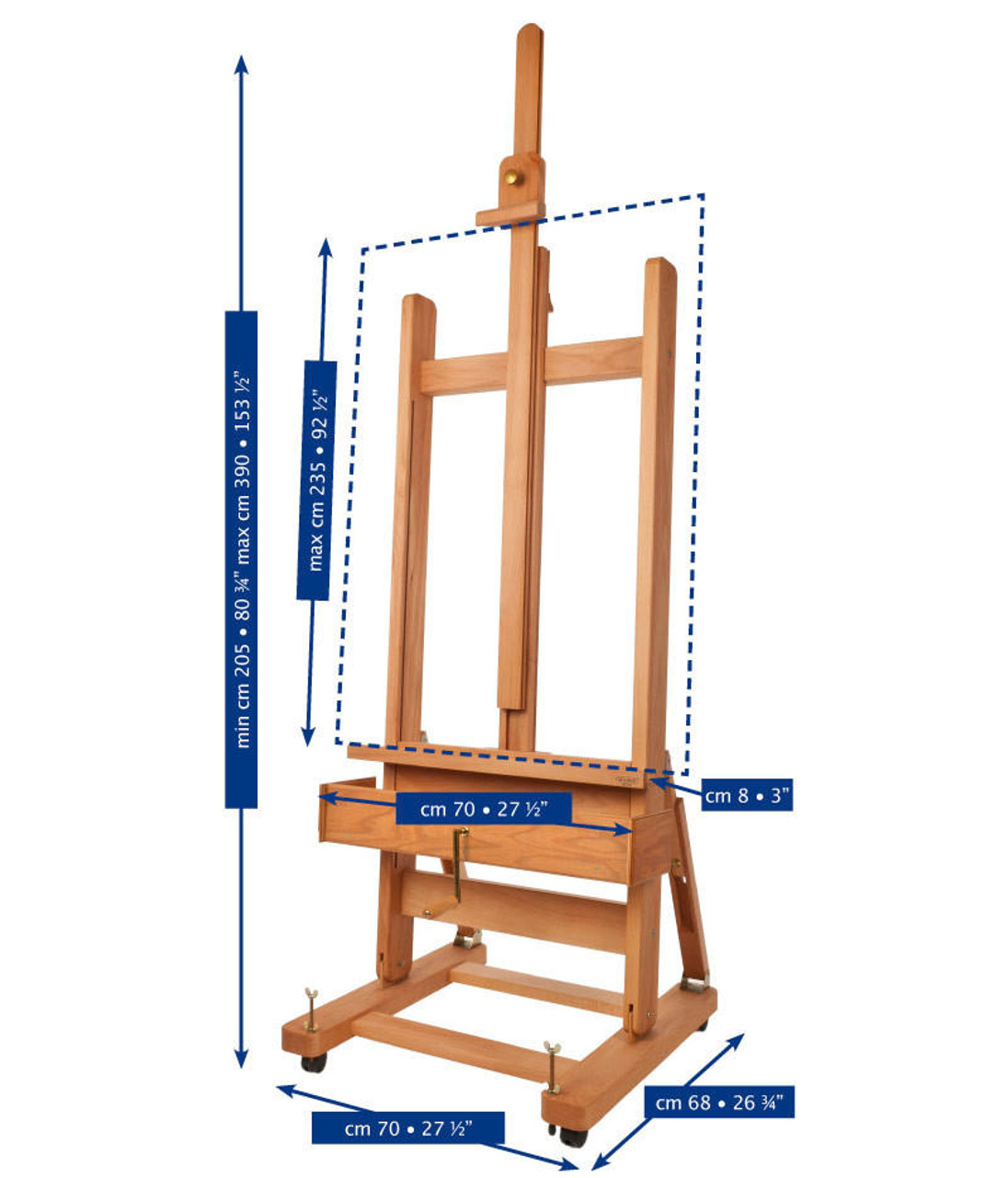 Large Wooden H-Frame Studio Easel with Artist Storage Drawer and