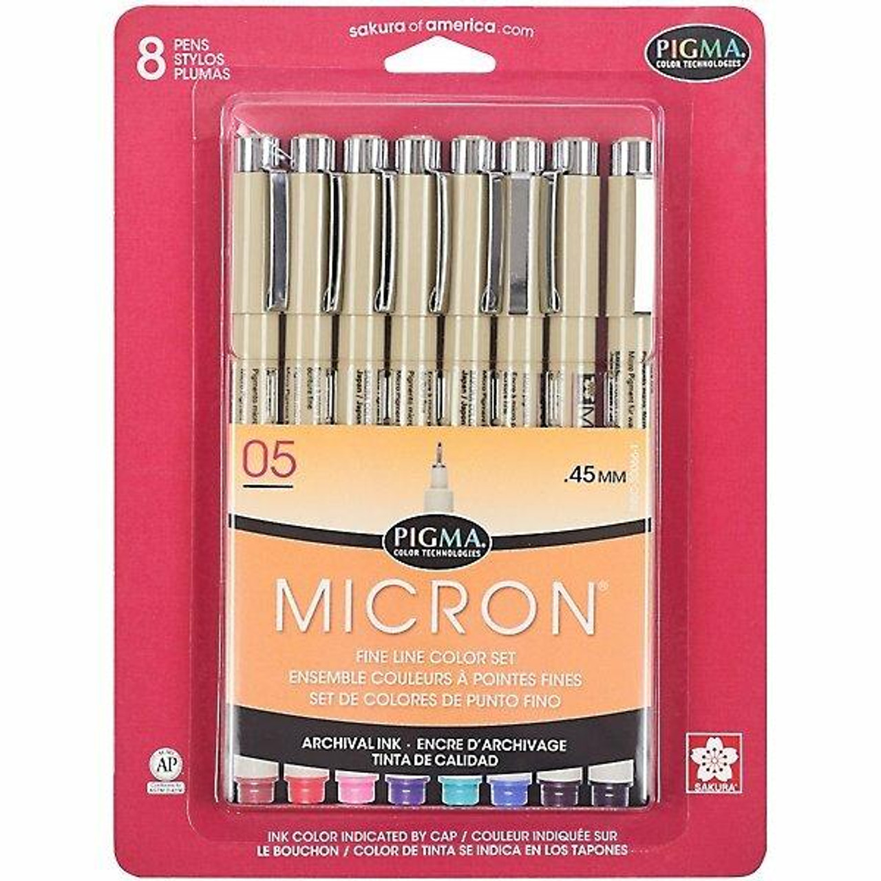 Pigma Micron 30066 Fine Line Design Pen, .45mm, Assorted Colors - 8 Pack