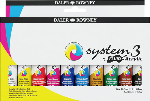 Daler-Rowney System 3 Fluid Acrylic Set, Introduction Colors, 10x29.5mL Tubes 