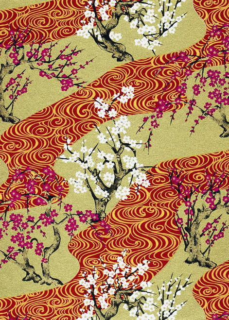 Japanese Paper Place Decorative Paper, Chiyogami Red Swirl with Cherry Blossom 24x36 