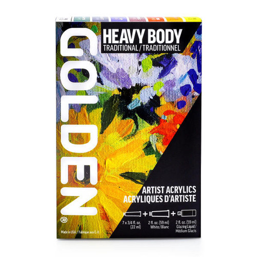 Golden Artist Colors Golden Heavy Body Acrylic Traditional Set, Includes 7x22mL Paints, 59mL White, & 2oz Glazing Liquid 