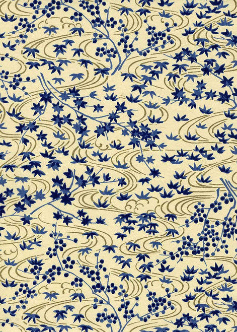 Japanese Paper Place Decorative Paper, Chiyogami Swirling Blue Leaves on Cream - 24x36 