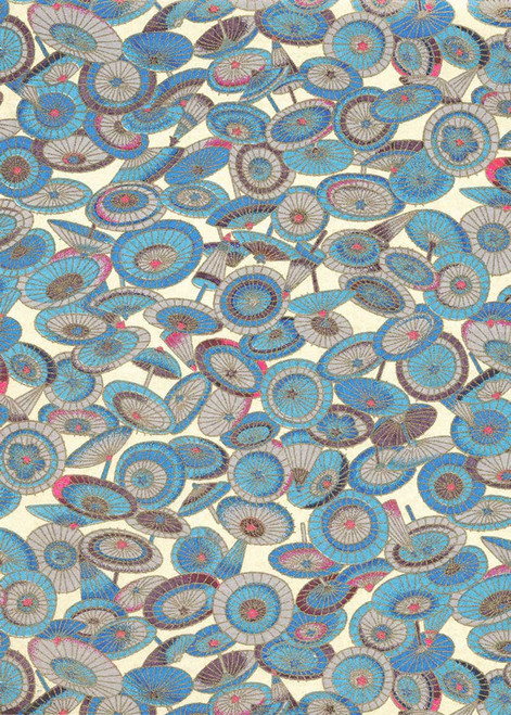 Japanese Paper Place Decorative Paper, Chiyogami Blue Parasols on Cream - 24x36 