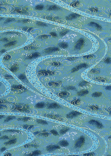 Japanese Paper Place Decorative Paper, Chiyogami Traditional Turquoise Swirl - 24x36 