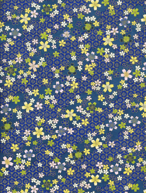 Japanese Paper Place Decorative Paper, Chiyogami Floral on Dark Blue Hex - 24x36 