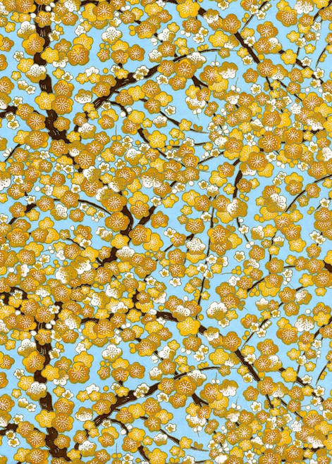 Japanese Paper Place Decorative Paper, Chiyogami Yellow Flowers on Sky Blue - 24x36 