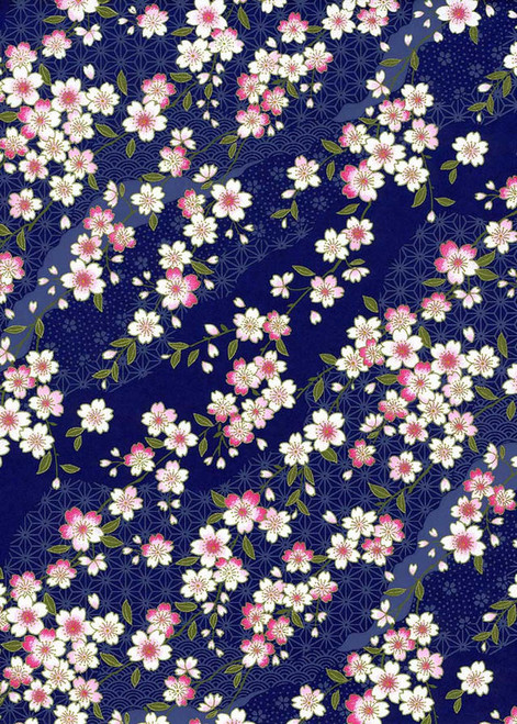 Japanese Paper Place Decorative Paper, Chiyogami Pink/White Flowers on Dark Blue - 24x36 