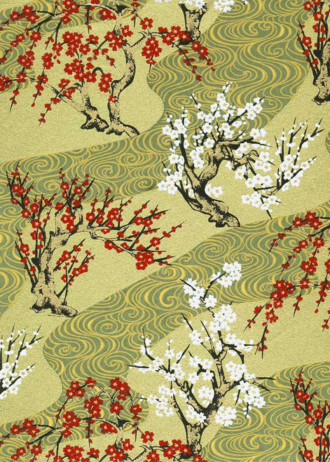 Japanese Paper Place Decorative Paper, Chiyogami Cherry Trees on Gold/Green Swirl 24x36 