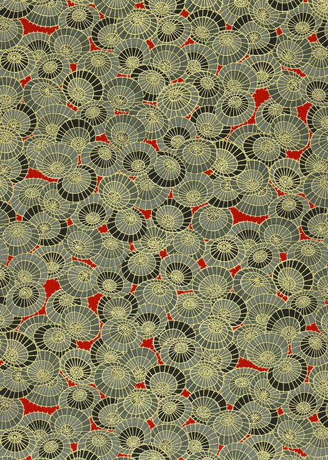 Japanese Paper Place Decorative Paper, Chiyogami Black/Grey/Gold Parasols on Red 24x36 