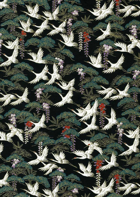 Japanese Paper Place Decorative Paper, Chiyogami Cranes & Branches on Black 24"x36" 
