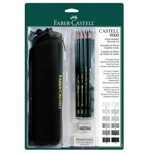  Faber-Castell 9000 Artist Graphite Drawing Set, Includes Carrying Case, Eraser, & Sharpener 