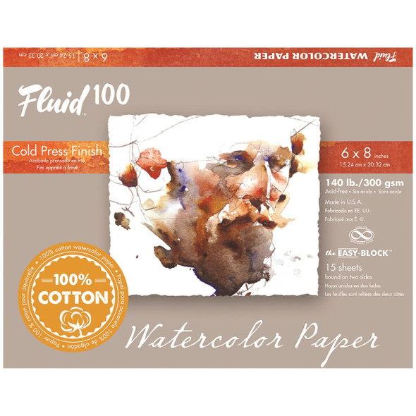 Global Art Materials Fluid 100 Watercolor Paper Block, Cold Press, 140lb, 6" x 8", 15 Sheets/Block 